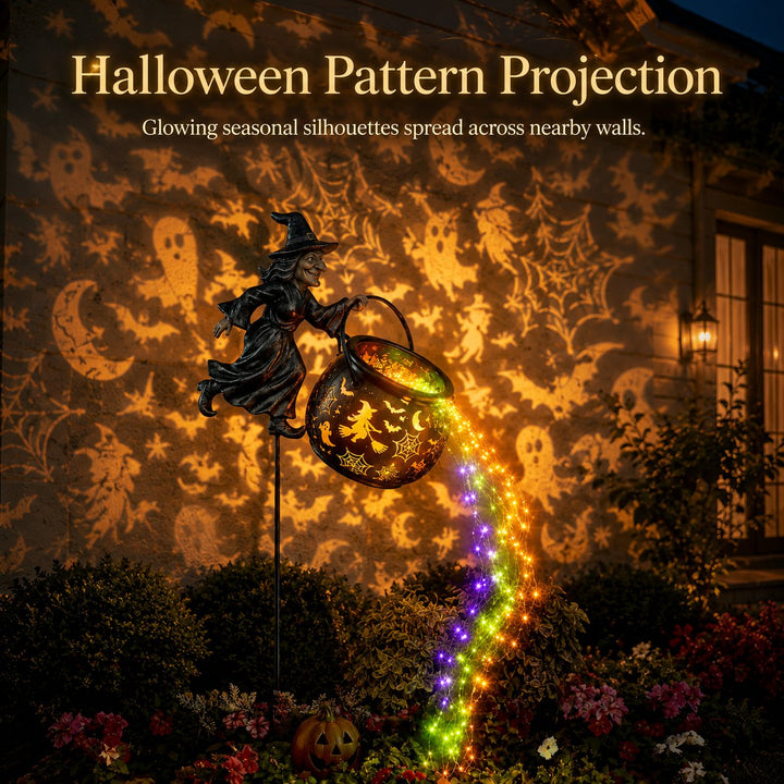 Halloween Witch's Cauldron Garden Lamp with Colorful Glow and Spooky Projections