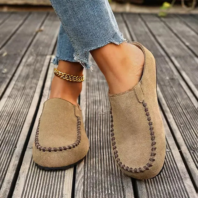 Slip-On Leather Sandals with Orthopedic, Soft Suede-Look Upper and Flat Sole