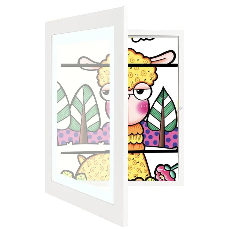 Children's picture frame with hinged opening for A4 drawings, holds up to 150 pieces, MDF and tempered glass