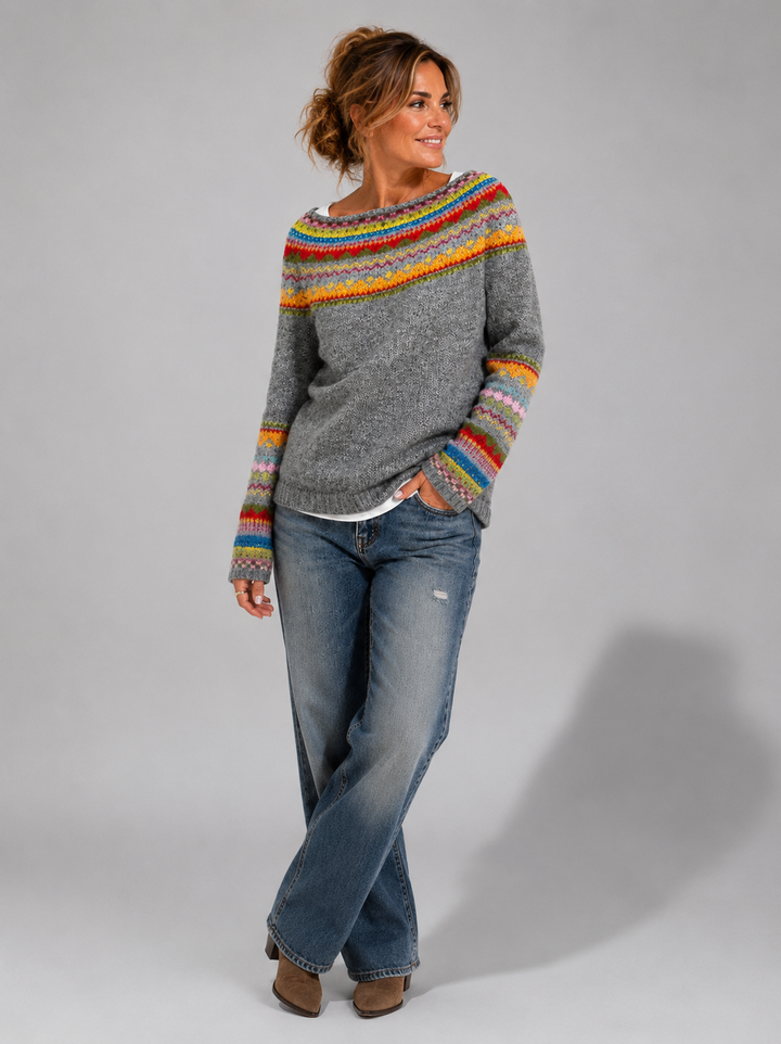 Fair Isle Stripes Sweater with Crew Neck for Women