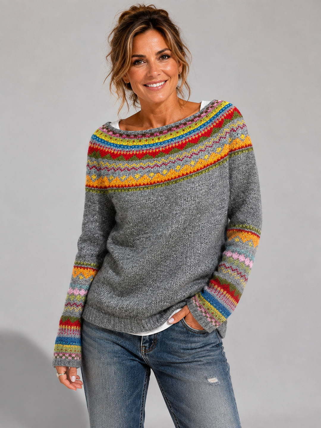 Fair Isle Stripes Sweater with Crew Neck for Women