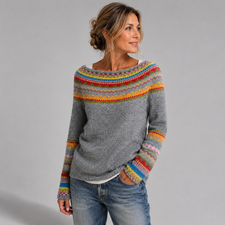 Fair Isle Stripes Sweater with Crew Neck for Women