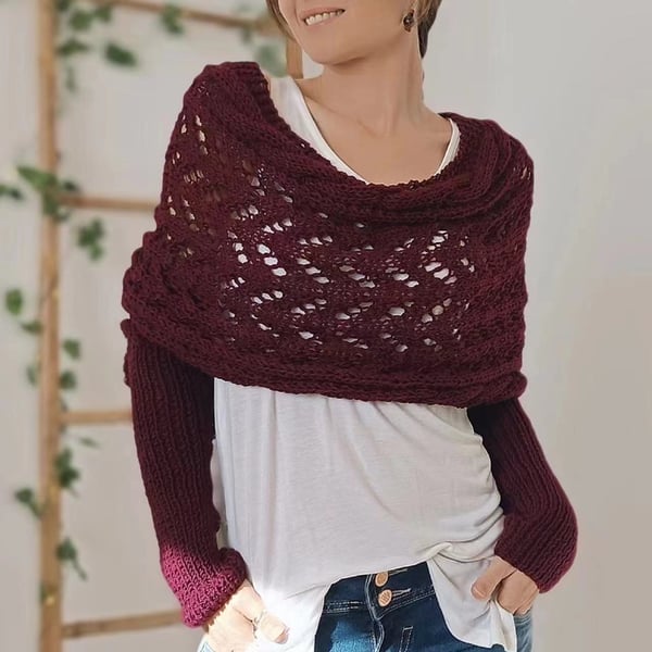 Wrap scarf with double sleeves - cozy knitted scarf with integrated sleeves