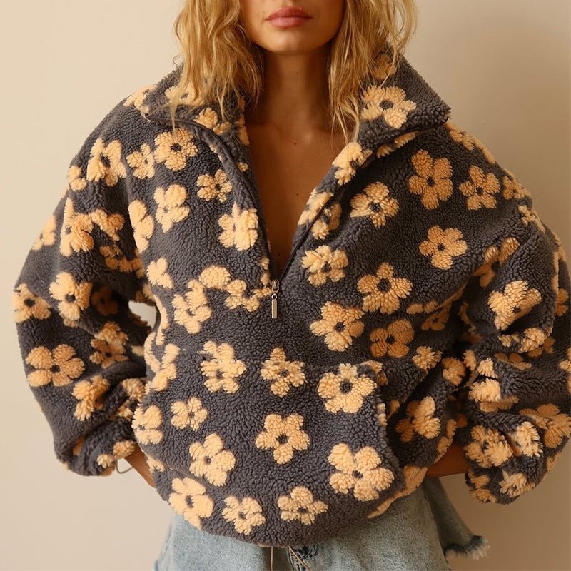 Eleanor | Floral Teddy Fleece Half Zip Jacket Oversized