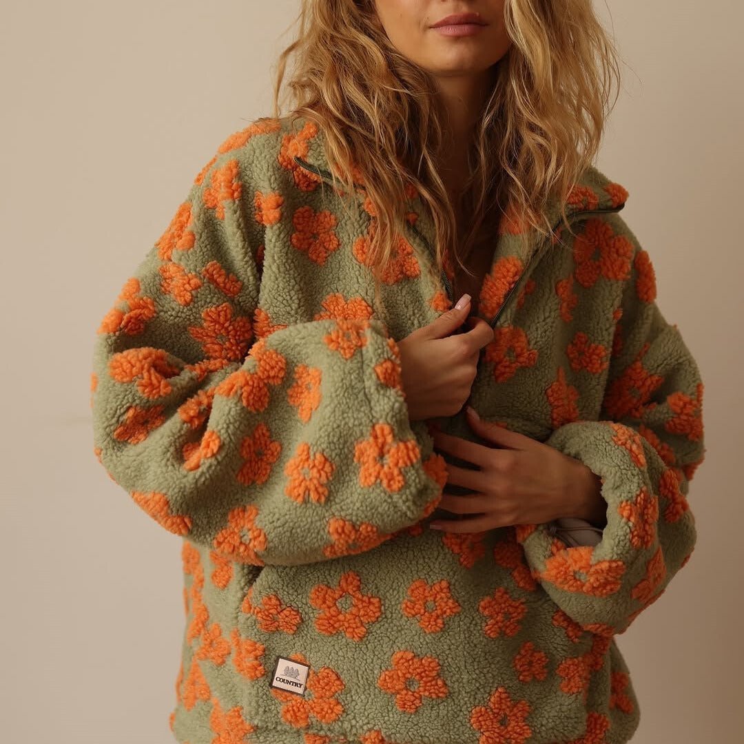 Eleanor | Floral Teddy Fleece Half Zip Jacket Oversized