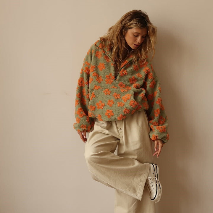 Eleanor | Floral Teddy Fleece Half Zip Jacket Oversized