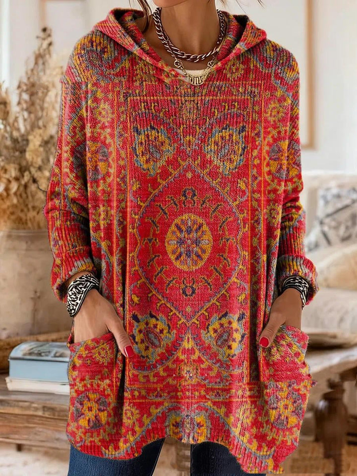 Bohemian-print hooded tunic top with relaxed fit and long sleeves