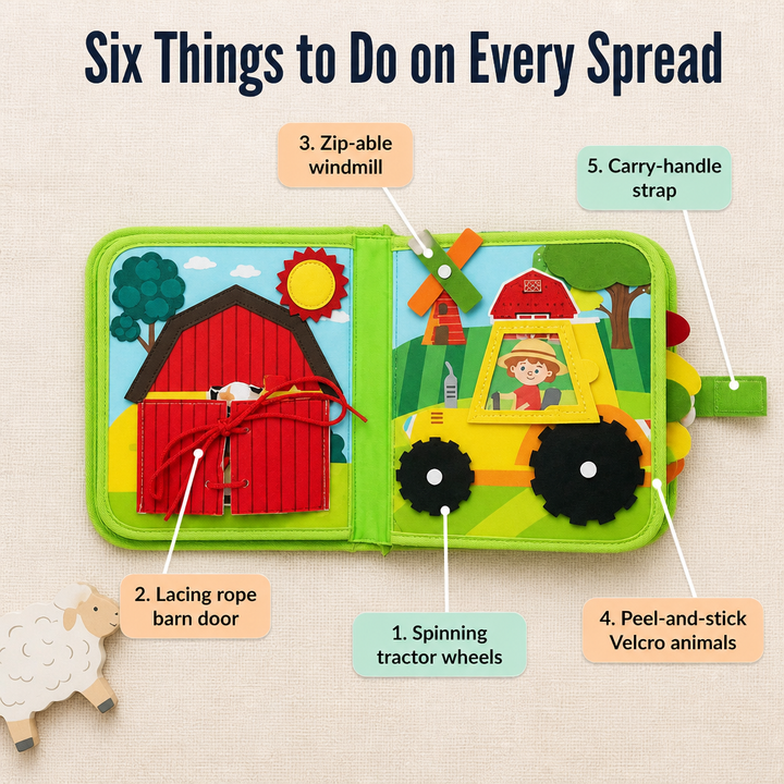Felt Farm Book for Toddlers with Zips, Lacing, Velcro Animals and Finger Puppets