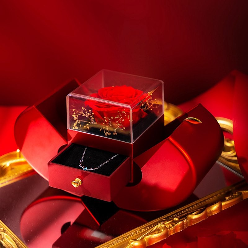 Jewelry Gift Box with Preserved Rose Pendant and Pull-Out Drawer Maid Of Honor Proposal