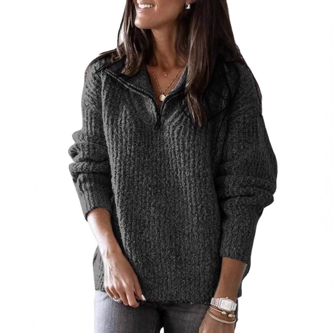 Textured Half-Zip Sweater with Stand Collar for Women