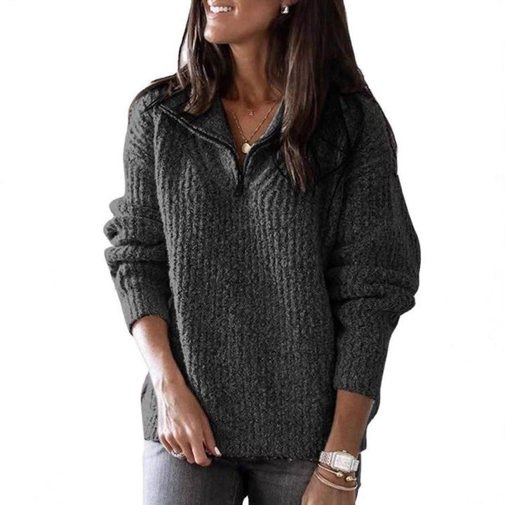 Textured Half-Zip Sweater with Stand Collar for Women