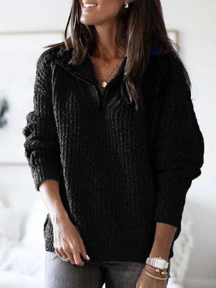 Textured Half-Zip Sweater with Stand Collar for Women