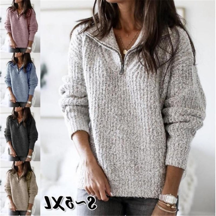 Textured Half-Zip Sweater with Stand Collar for Women
