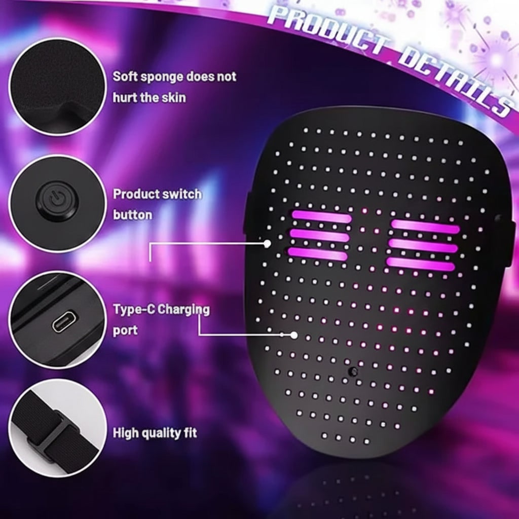 Halloween LED Light Up Full Face Mask Costume Party with USB Rechargeable Battery