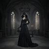 Halloween Vampire Costume Gothic Hooded Black Dress with Lace Choker Pendant and Gloves