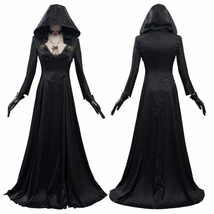 Halloween Vampire Costume Gothic Hooded Black Dress with Lace Choker Pendant and Gloves