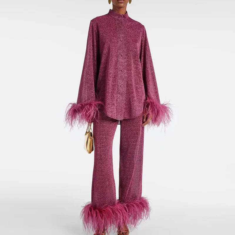 Women's Glitter Two-Piece Set with Feather Hem Party Outfit
