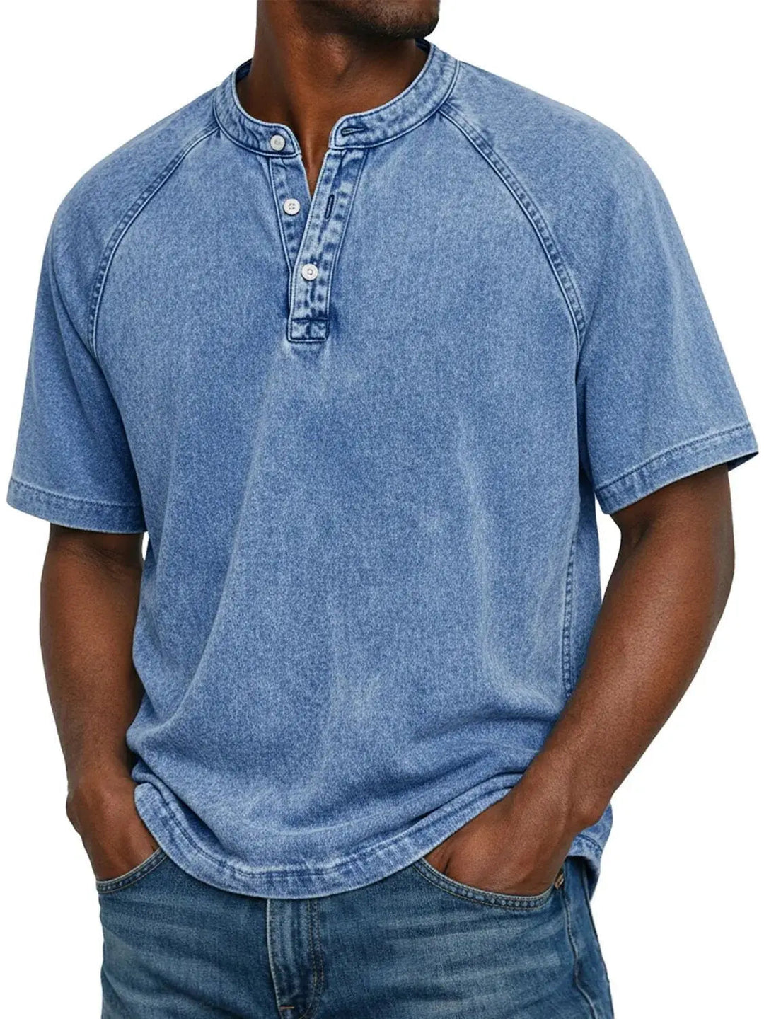 Men's short-sleeved casual T-shirt with raglan sleeves in washed Henley style