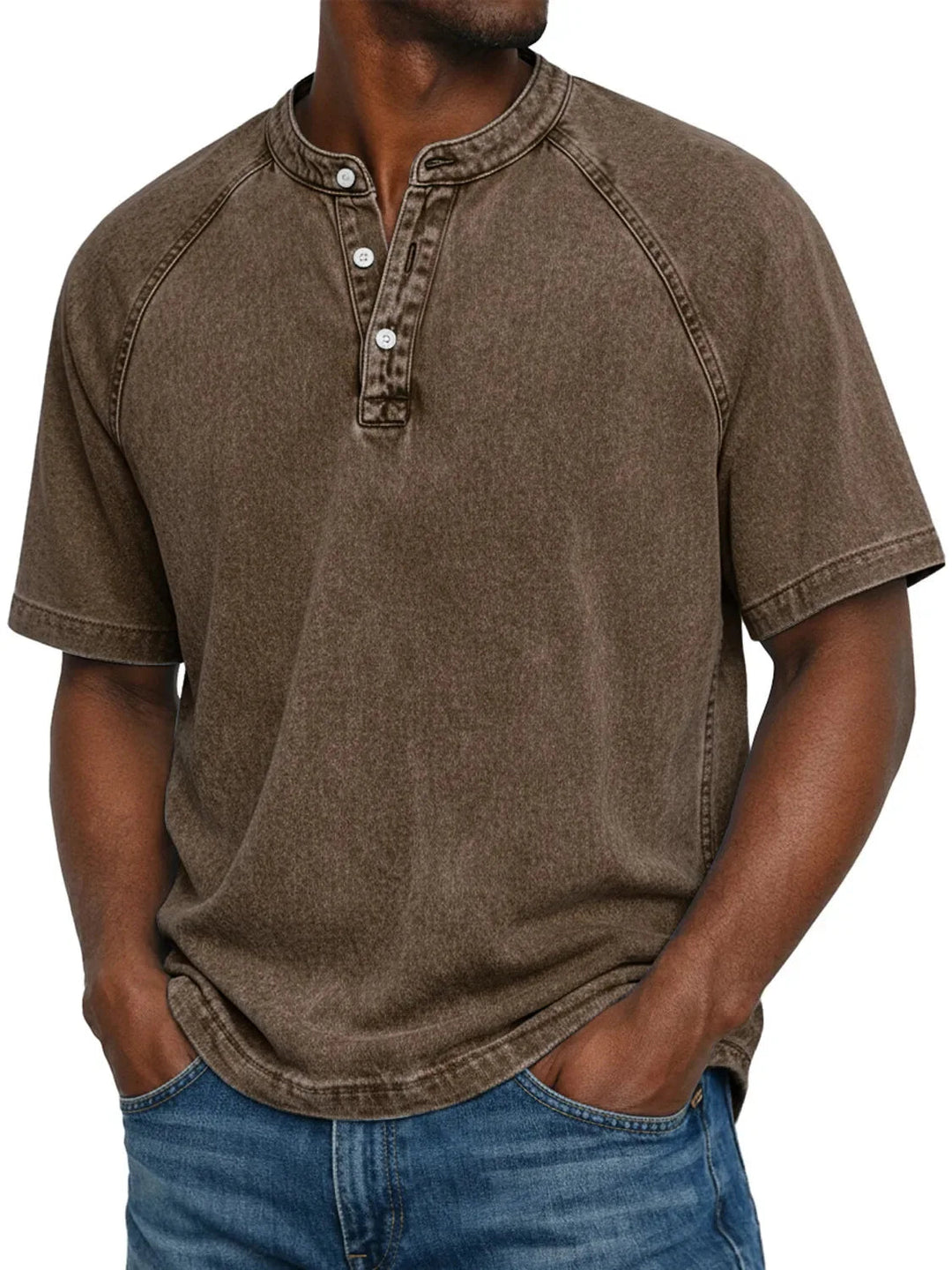 Men's short-sleeved casual T-shirt with raglan sleeves in washed Henley style