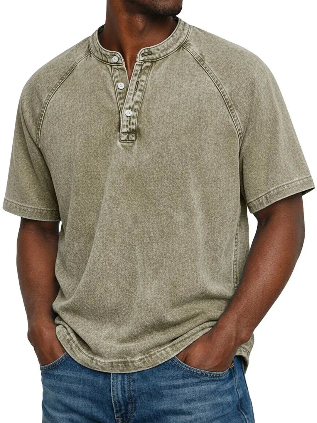 Men's short-sleeved casual T-shirt with raglan sleeves in washed Henley style