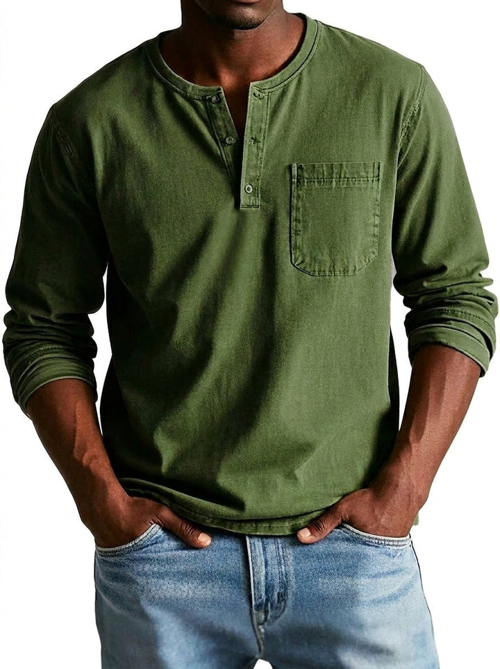 Men's Long-Sleeve Henley Shirt with Button Placket and Chest Pocket