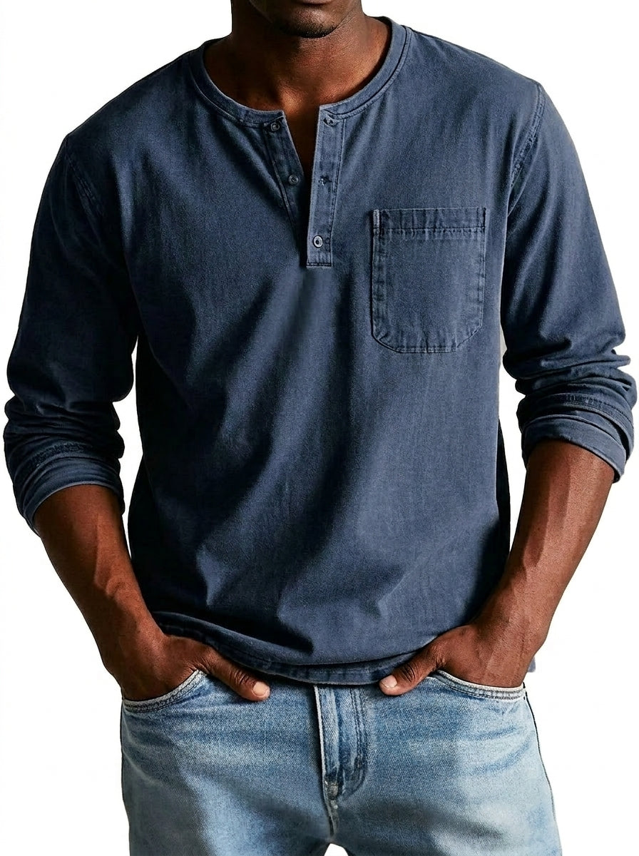 Men's Long-Sleeve Henley Shirt with Button Placket and Chest Pocket