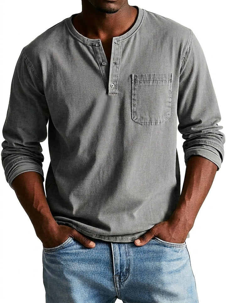 Men's Long-Sleeve Henley Shirt with Button Placket and Chest Pocket