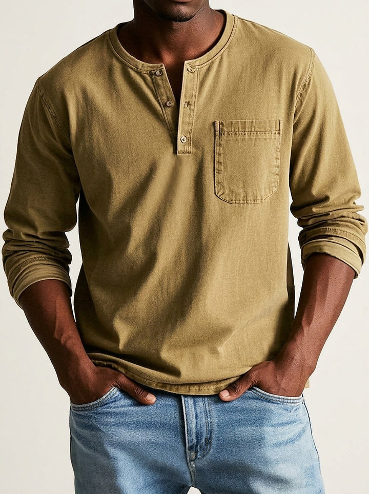 Men's Long-Sleeve Henley Shirt with Button Placket and Chest Pocket