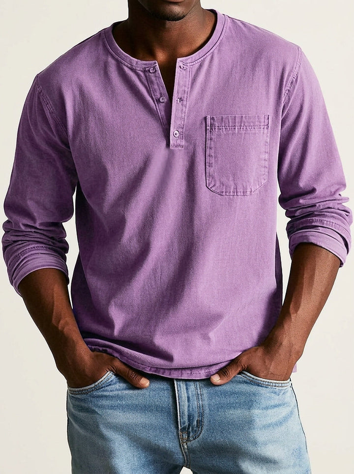Men's Long-Sleeve Henley Shirt with Button Placket and Chest Pocket