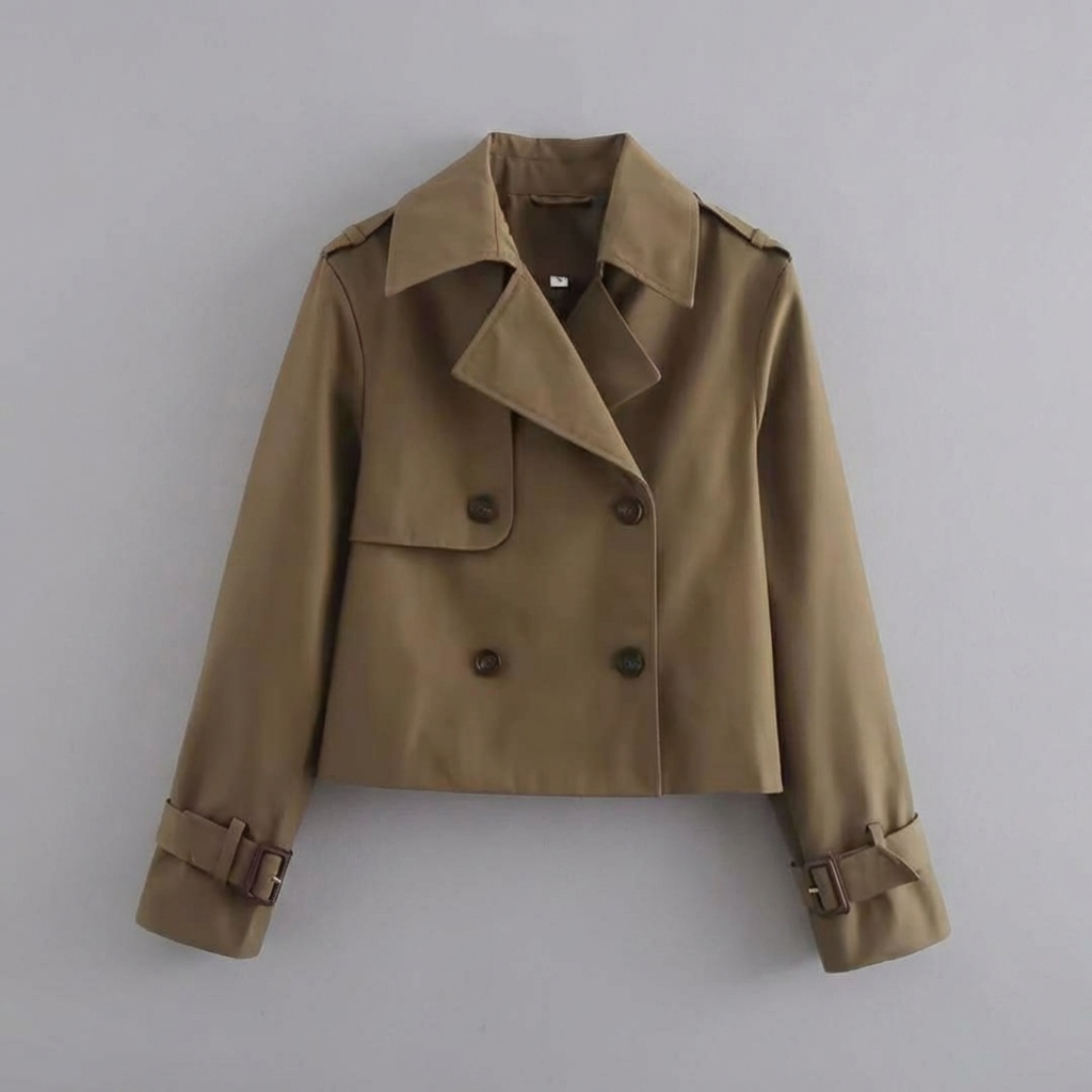 Women’s Cropped Trench Coat with Double Buttons