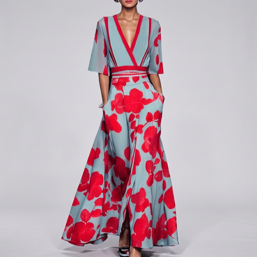 Women’s Long Floral V‑Neck Dress