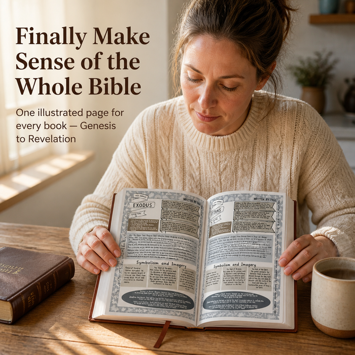 Bible study companion guide with one page for each of the 66 books, faux leather