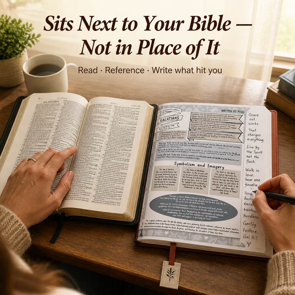 Bible study companion guide with one page for each of the 66 books, faux leather