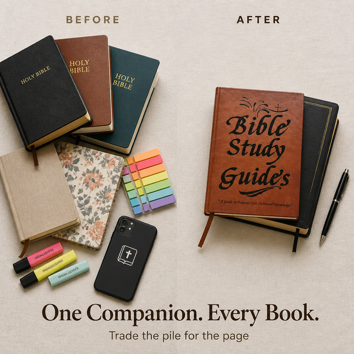 Bible study companion guide with one page for each of the 66 books, faux leather