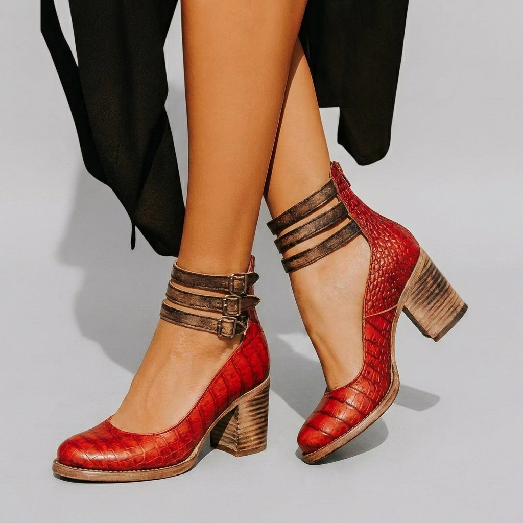 Closed-Toe Buckle Strap Block Heels