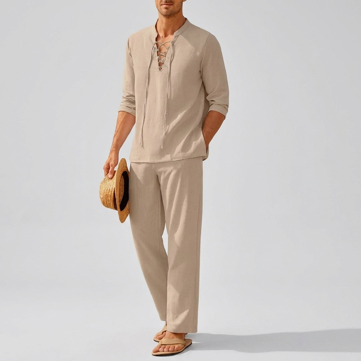 Men’s Boho Lace-Up Shirt and Pants Set
