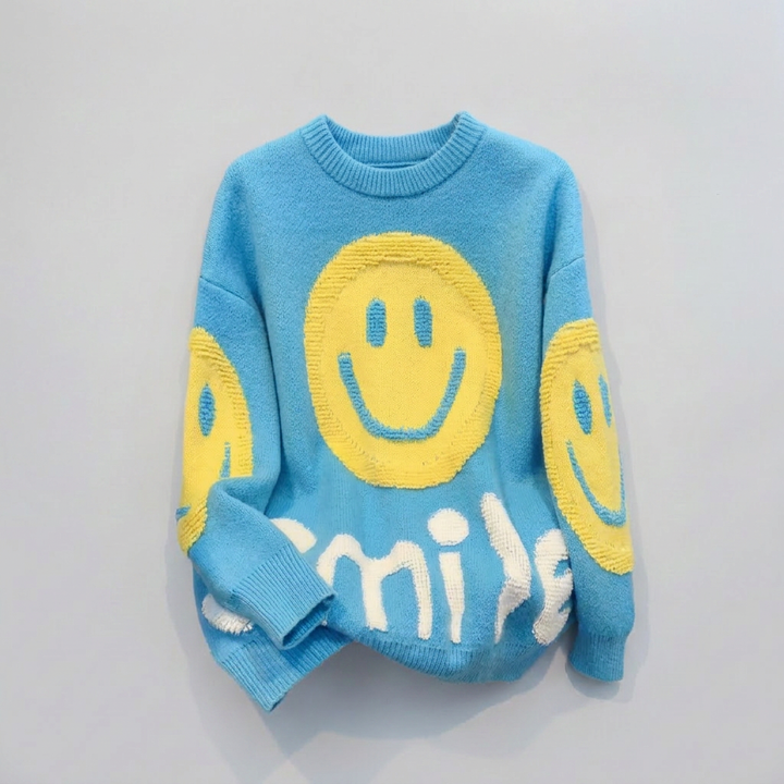 Oversized Smiley Print Sweater for Women