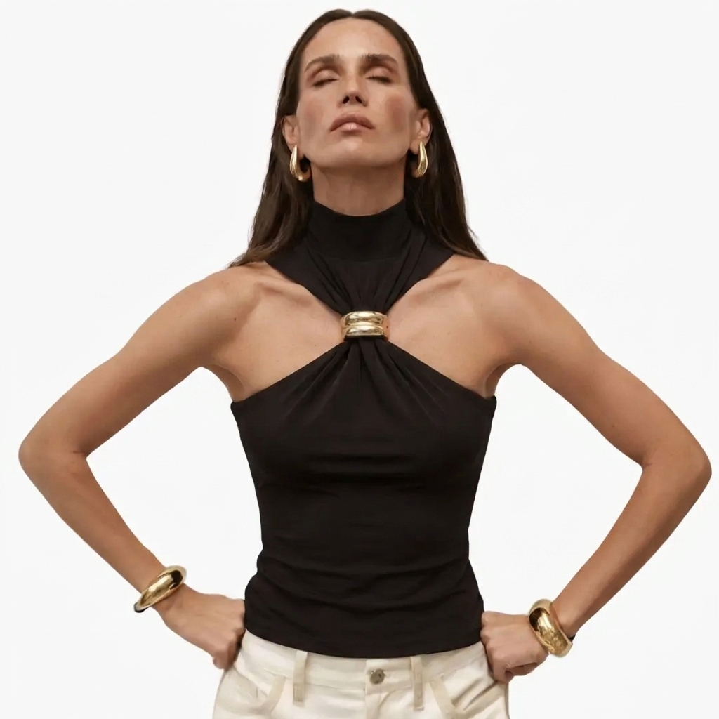 Chic High Neck Halter Top with Gold Accent