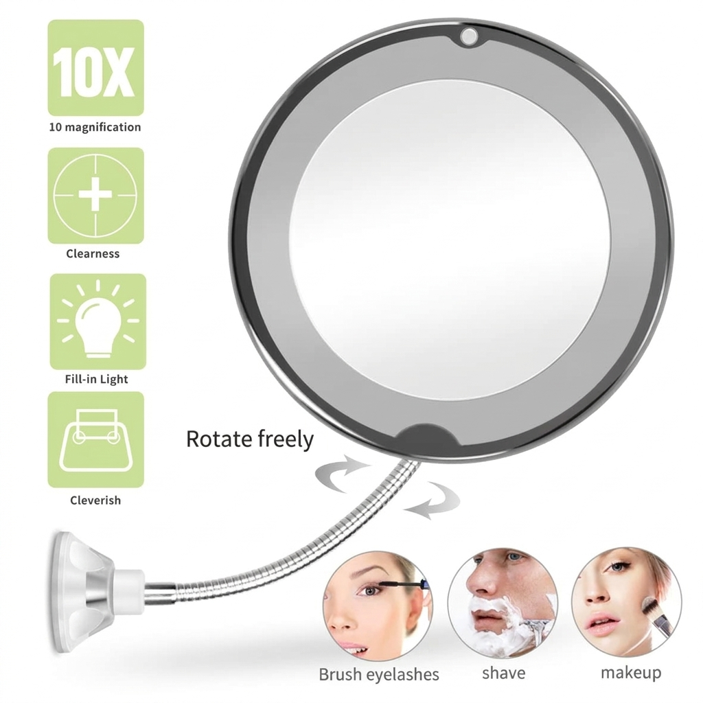 LED Lighted 10X Flexible Mirror