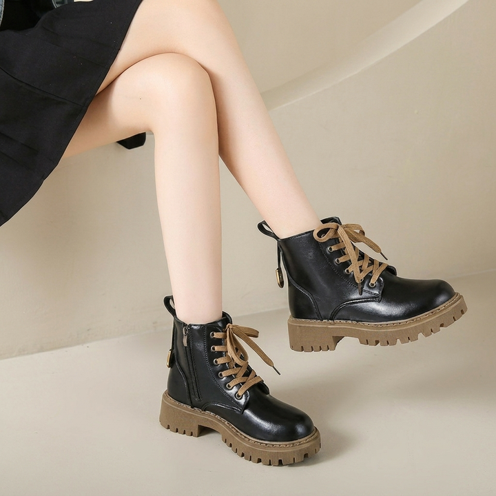 Lace-Up Ankle Boots with Lug Sole & Side Zip