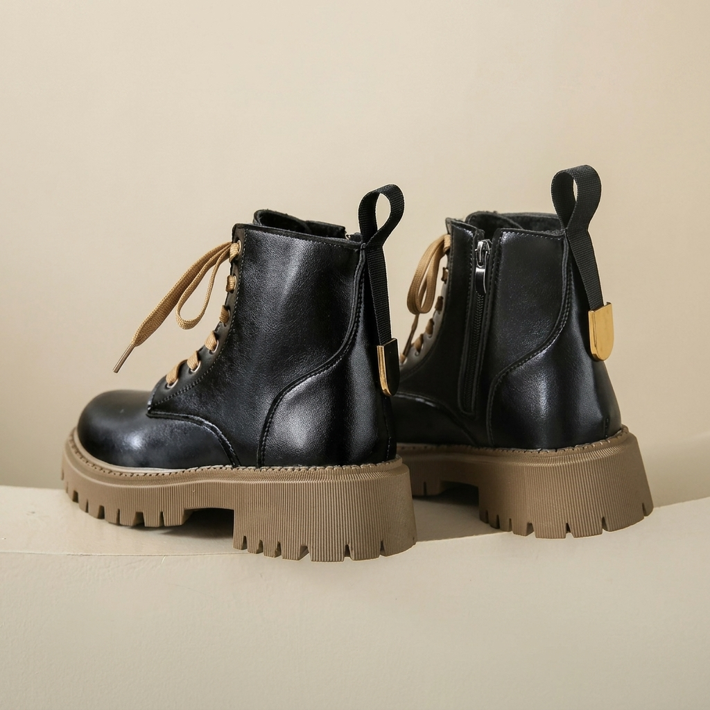 Lace-Up Ankle Boots with Lug Sole & Side Zip