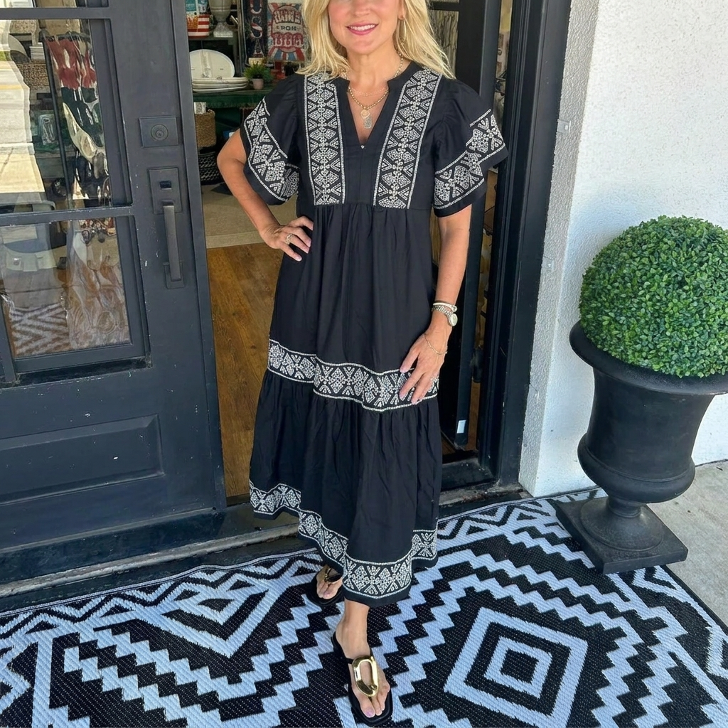 Breezy V-Neck Boho Midi Dress