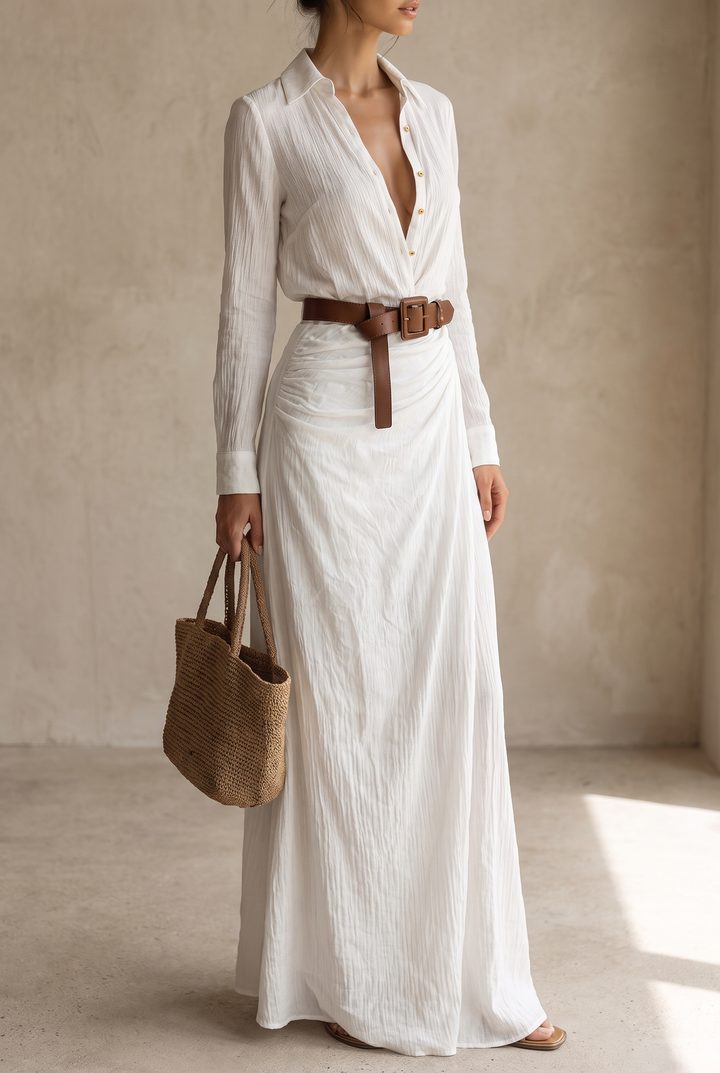 Women's Maxi Dress with Notched Collar, Single-Breasted, with Belt and Long Sleeves