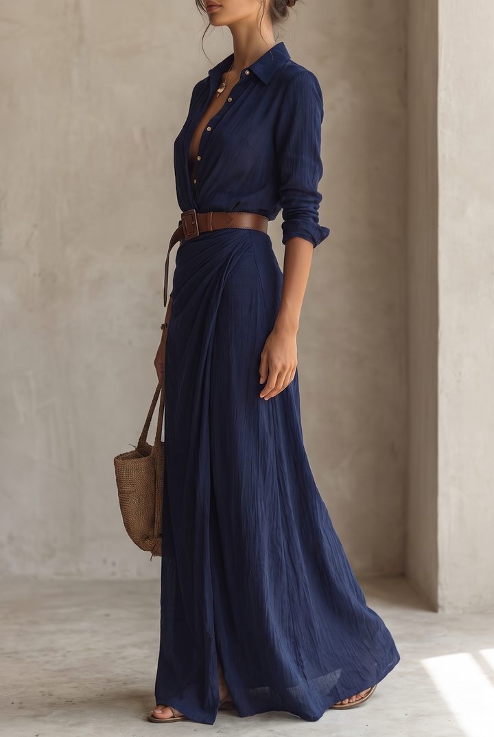 Women's Maxi Dress with Notched Collar, Single-Breasted, with Belt and Long Sleeves