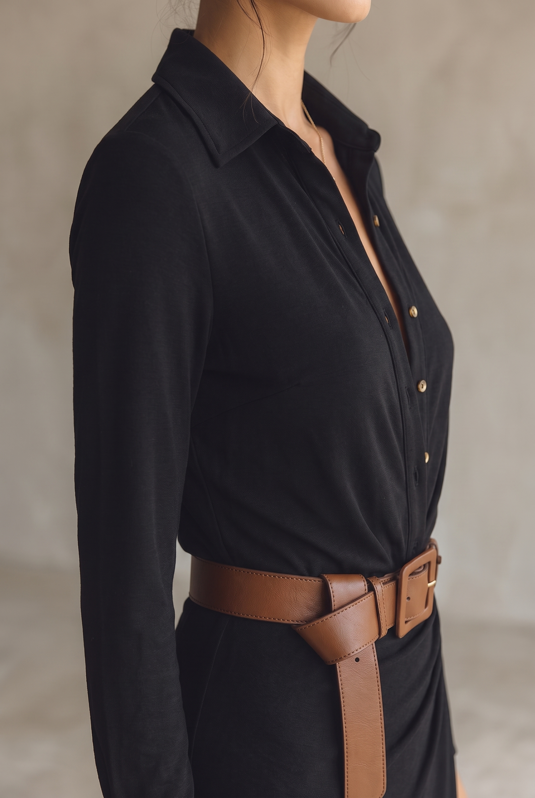 Women's Maxi Dress with Notched Collar, Single-Breasted, with Belt and Long Sleeves