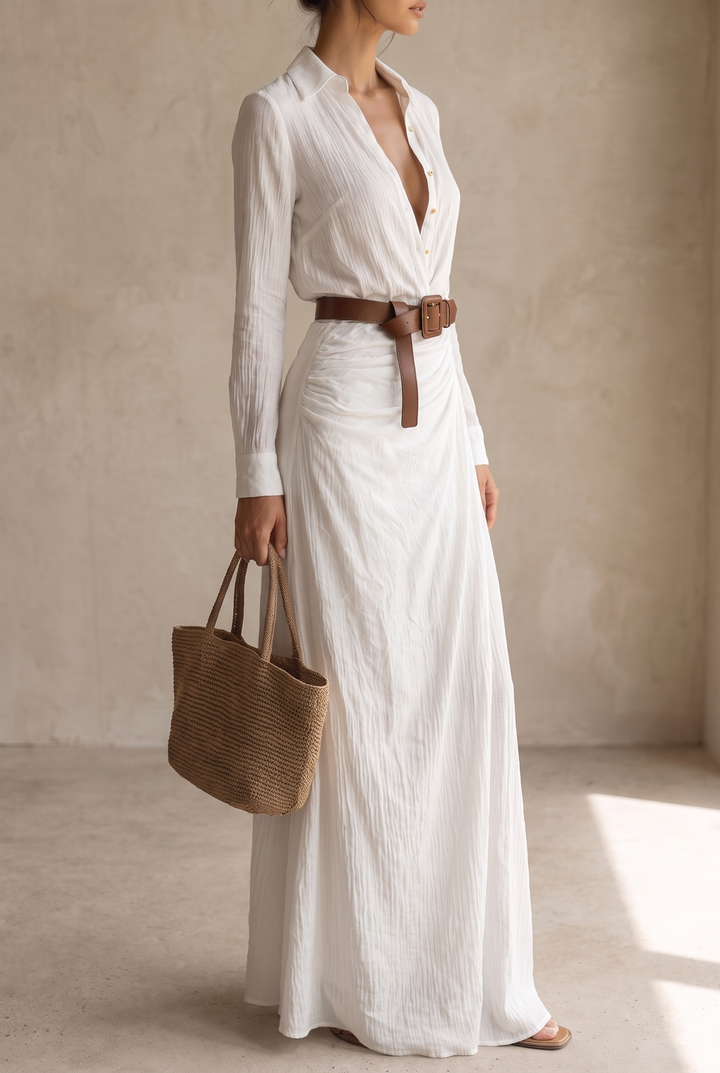 Women's Maxi Dress with Notched Collar, Single-Breasted, with Belt and Long Sleeves