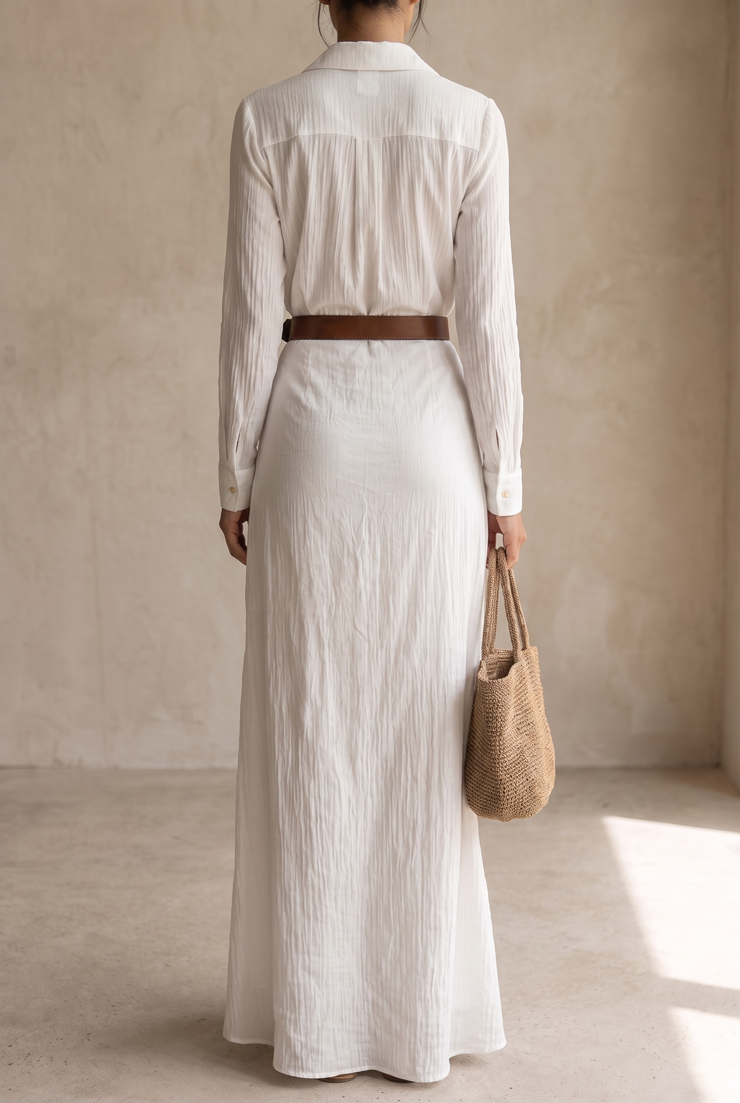 Women's Maxi Dress with Notched Collar, Single-Breasted, with Belt and Long Sleeves