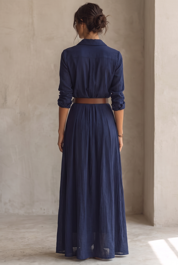 Women's Maxi Dress with Notched Collar, Single-Breasted, with Belt and Long Sleeves