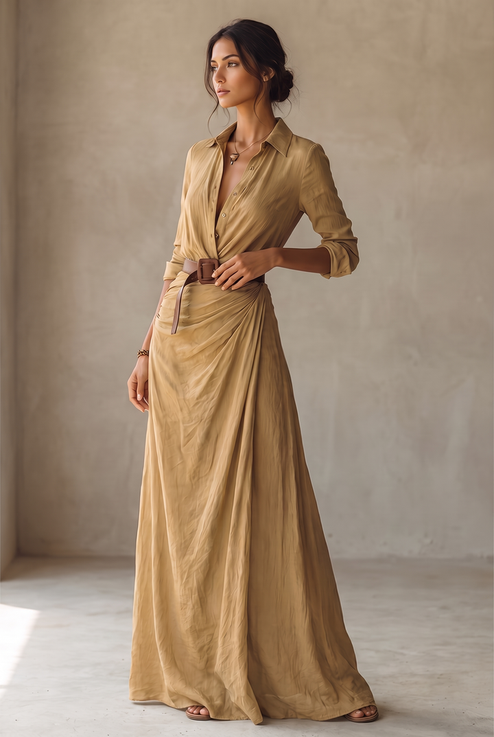 Women's Maxi Dress with Notched Collar, Single-Breasted, with Belt and Long Sleeves