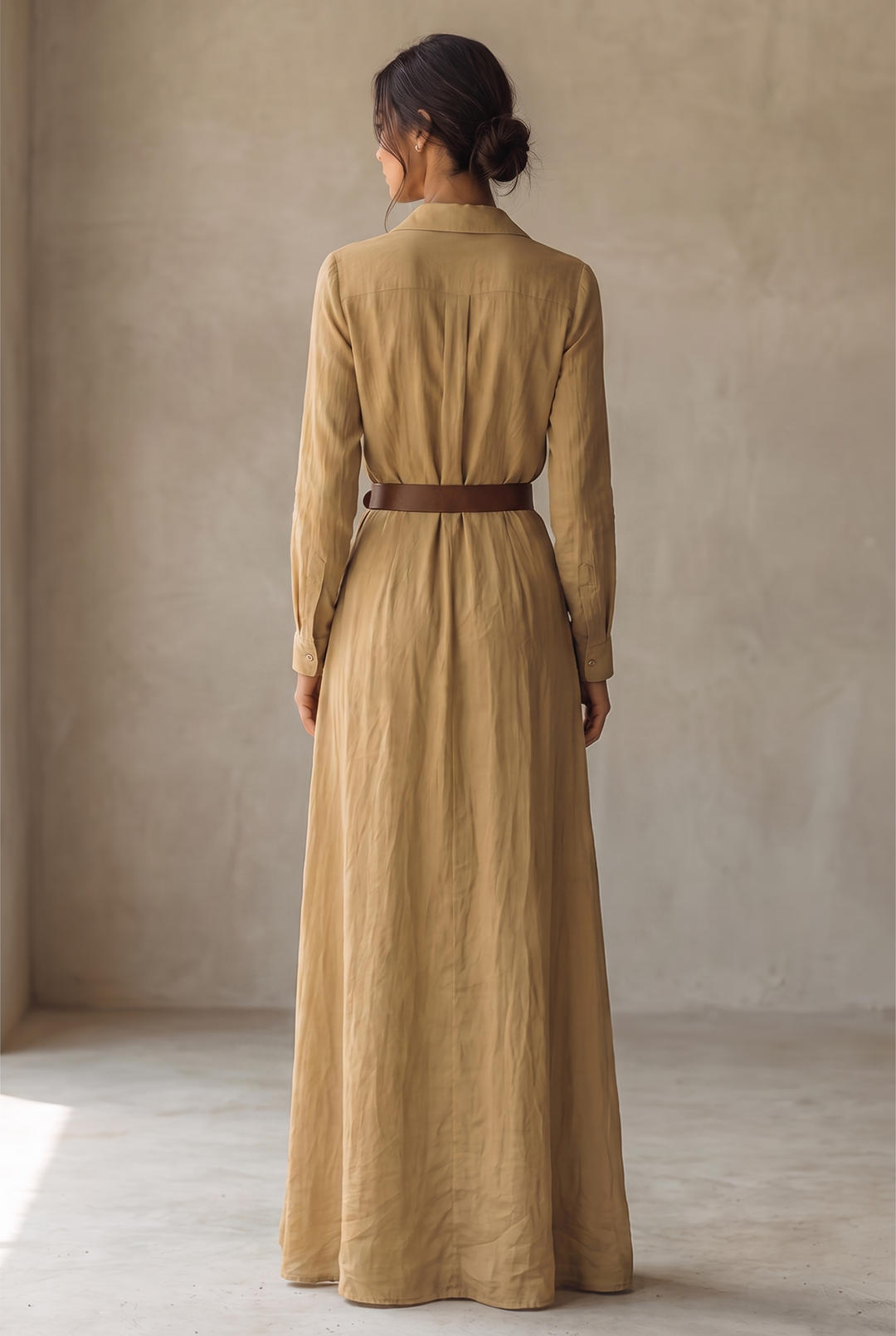 Women's Maxi Dress with Notched Collar, Single-Breasted, with Belt and Long Sleeves
